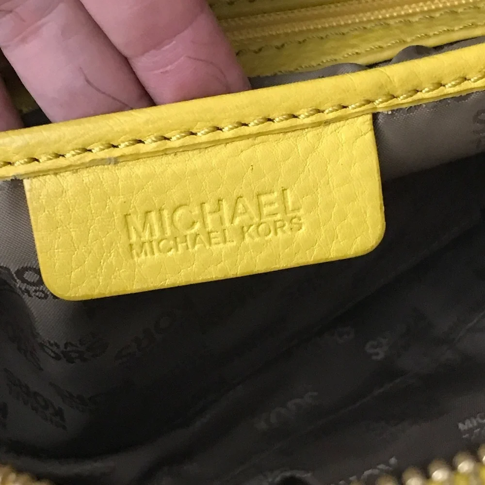Michael Kors Yellow Leather Outer Pockets Double Handle Satchel Purse Bag